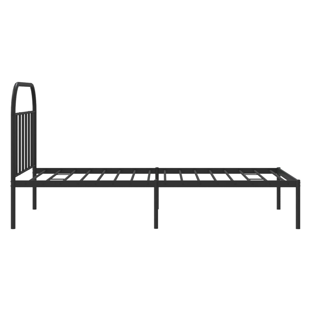 Black metal twin bed frame with arched headboard and slatted platform