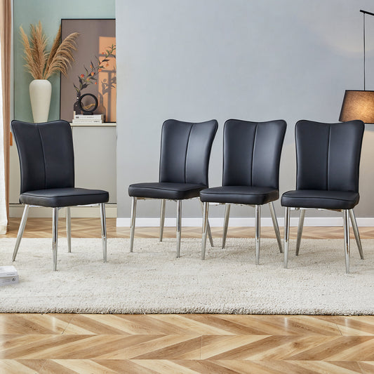 Four black faux leather dining chairs with chrome legs on a plush rug