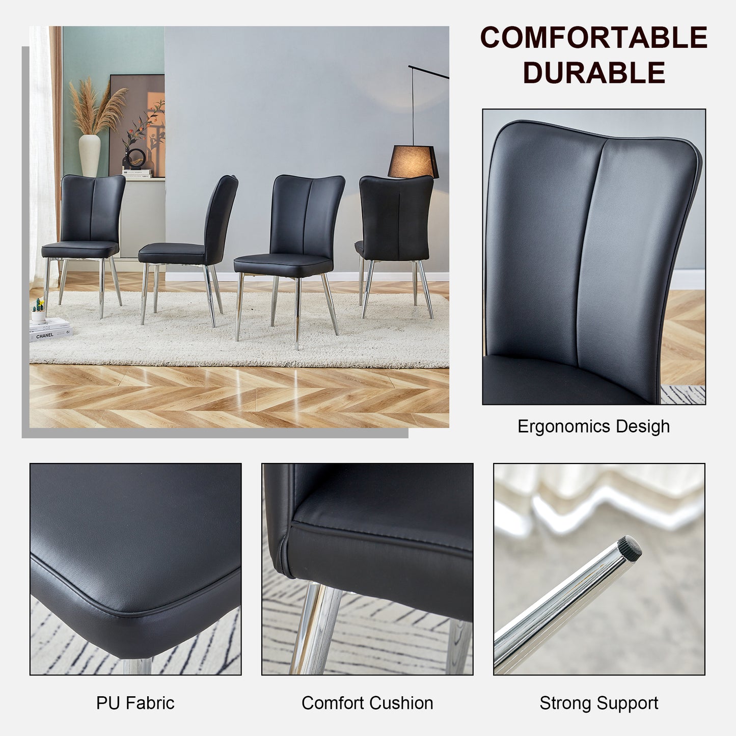 Set of four black PU leather dining chairs with chrome legs