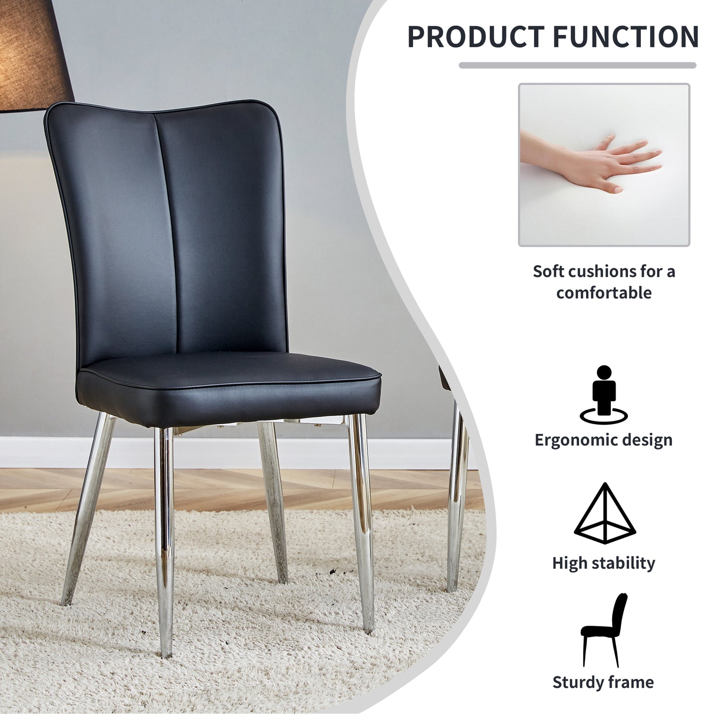 Black faux leather dining chair with sleek chrome legs
