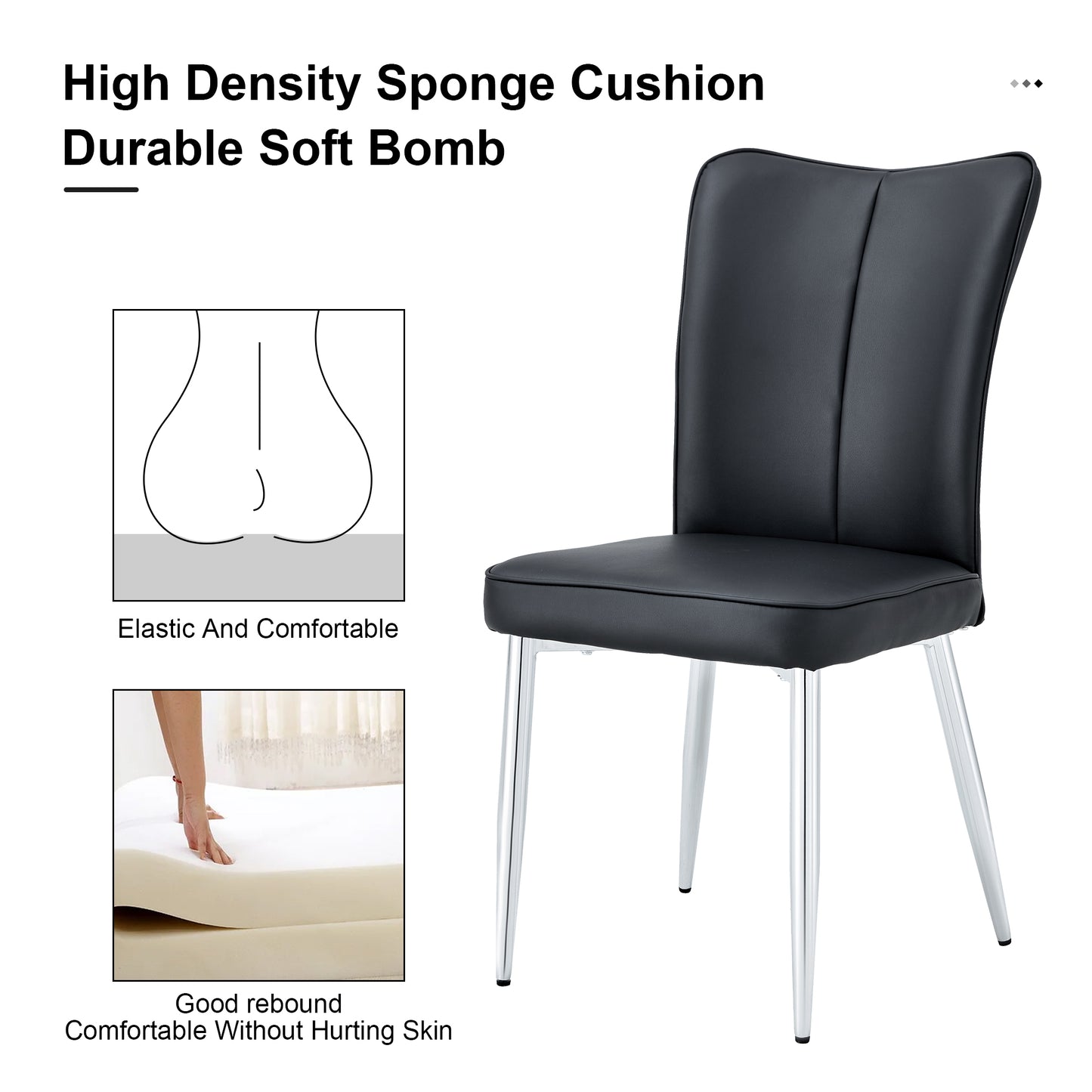 Black faux leather dining chair with chrome legs