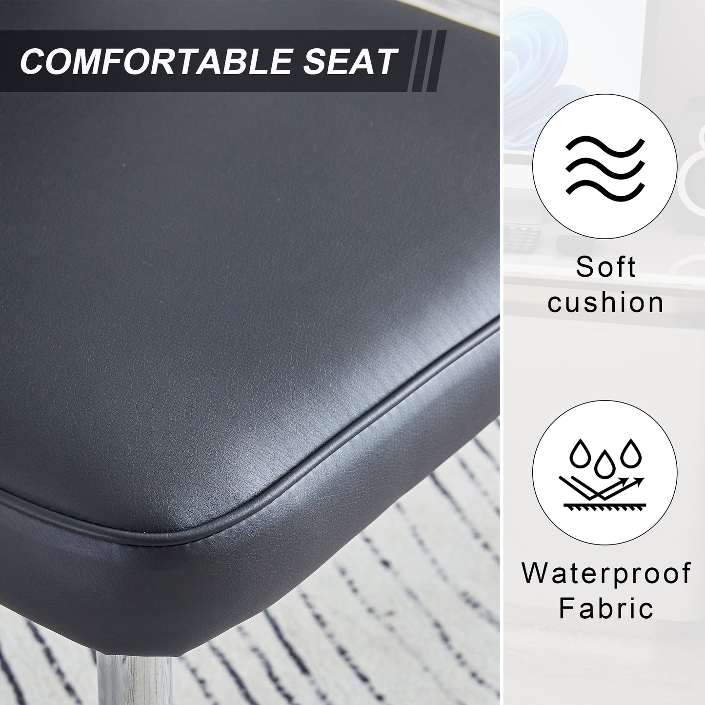Black faux leather upholstered bar stool seat with soft cushion
