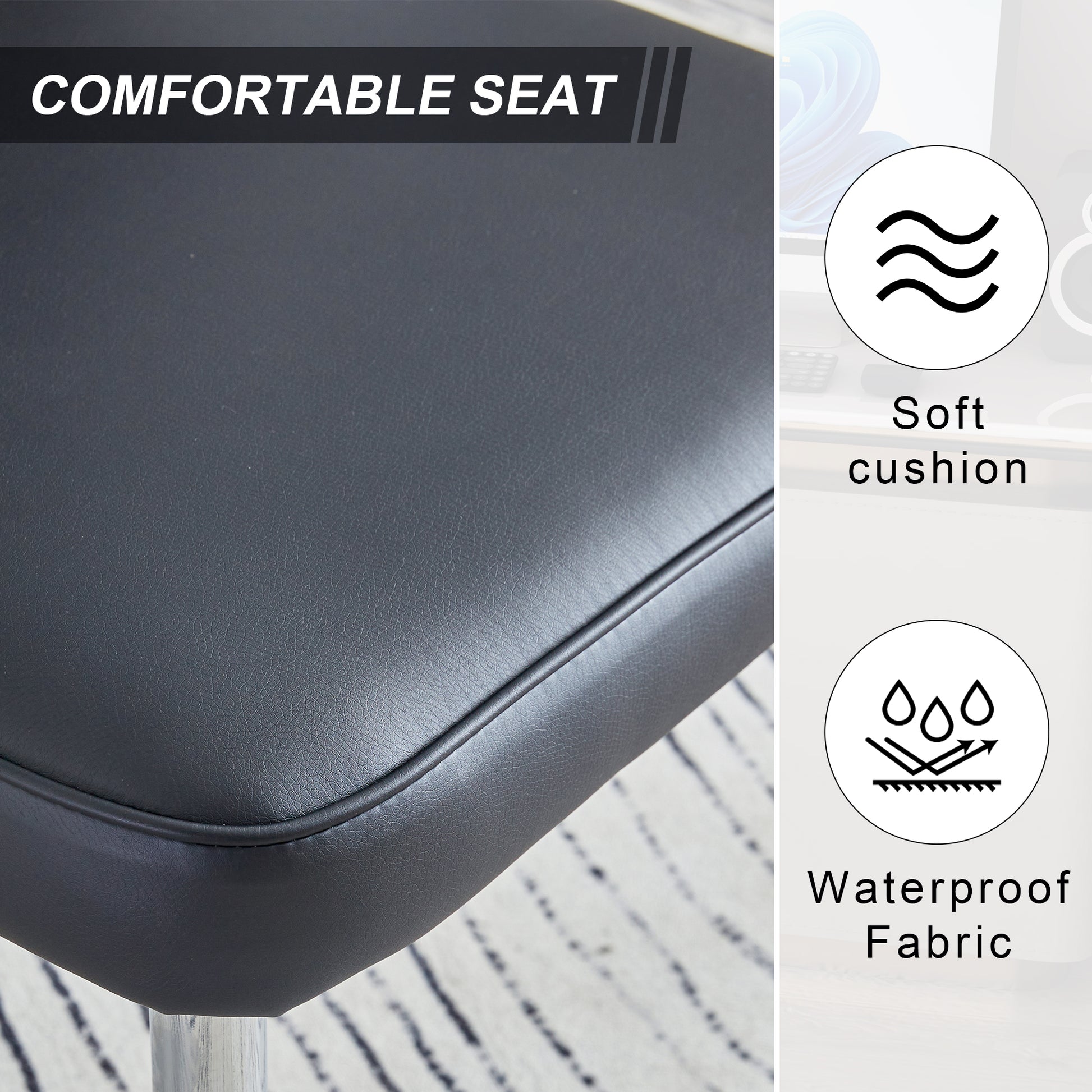 Black faux leather upholstered bar stool seat with soft cushion