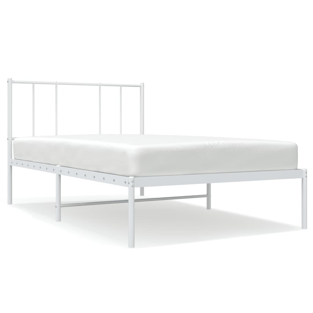 Metal bed frame with slatted base and rectangular headboard dimensions shown