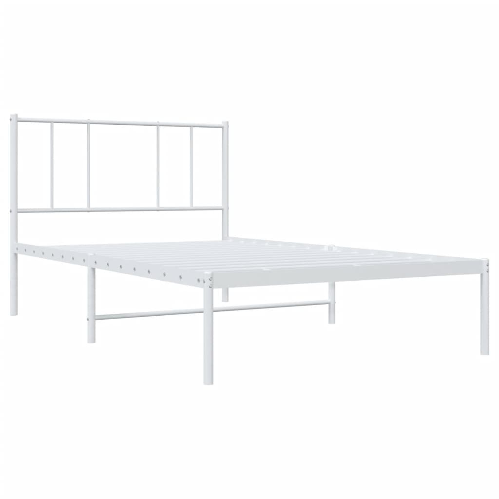 Minimalist white metal bed frame with a simple headboard and mattress