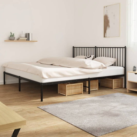 Black metal platform bed frame with a slatted headboard