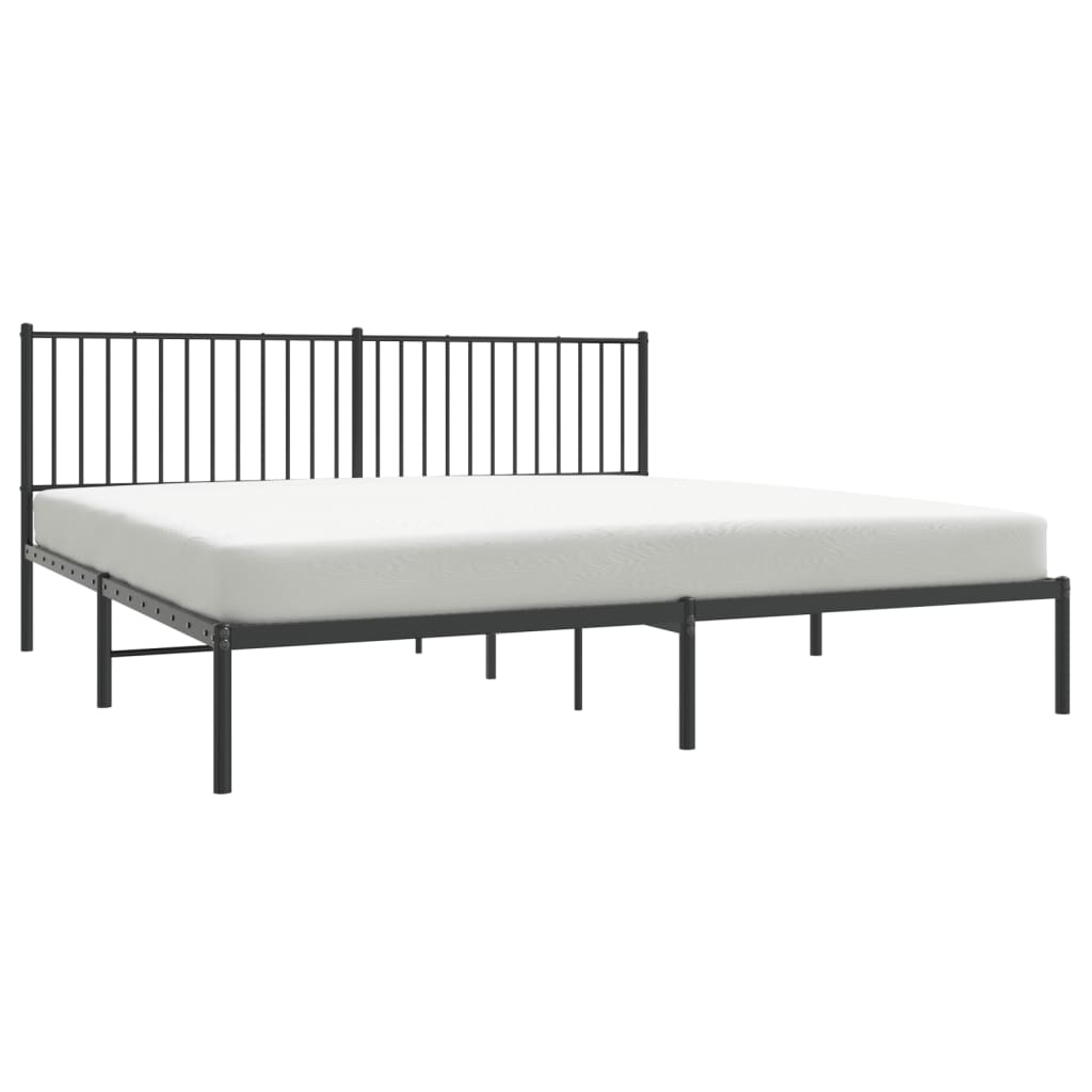 Black metal platform bed frame with a minimalist vertical slat headboard
