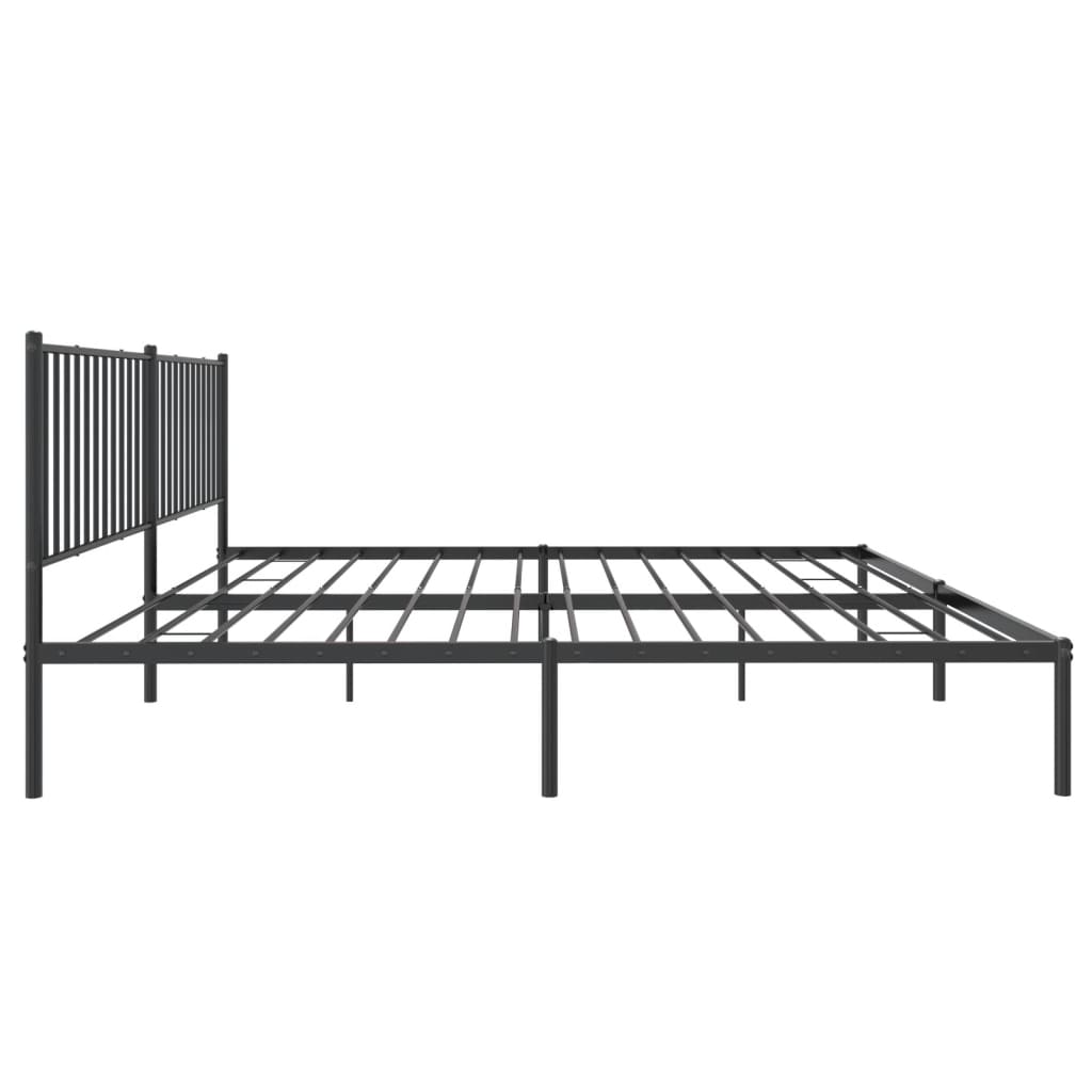 Black metal platform bed frame with a minimalist vertical slat headboard