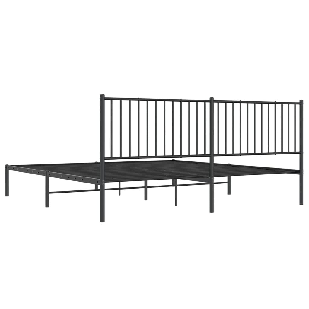 Black metal platform bed frame with a modern slatted headboard