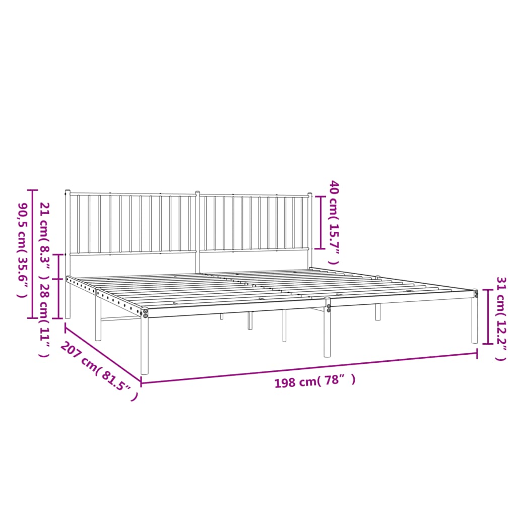 Modern black metal bed frame with slatted base