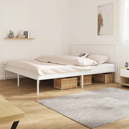 White metal slat headboard on a queen bed frame