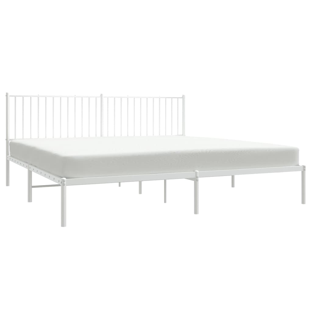 Modern white metal bed frame with a slatted headboard and footboard queen size styled for a contemporary bedroom