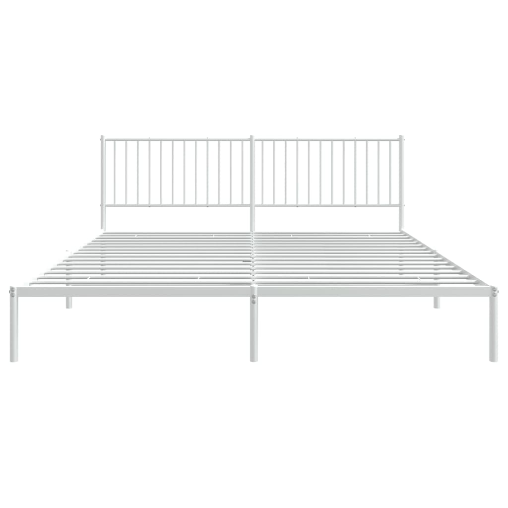 White metal platform bed frame with slatted design