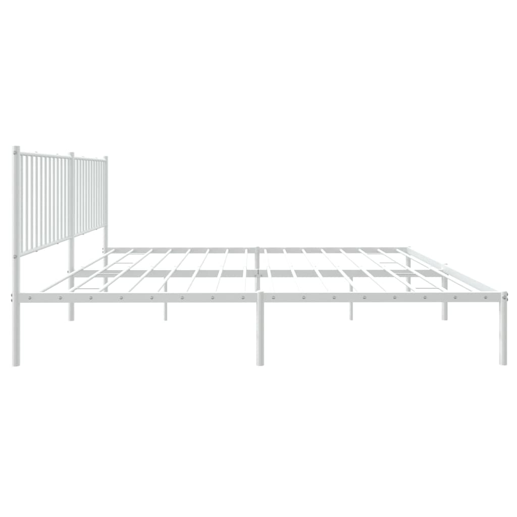 Modern white metal platform bed frame with a slatted headboard