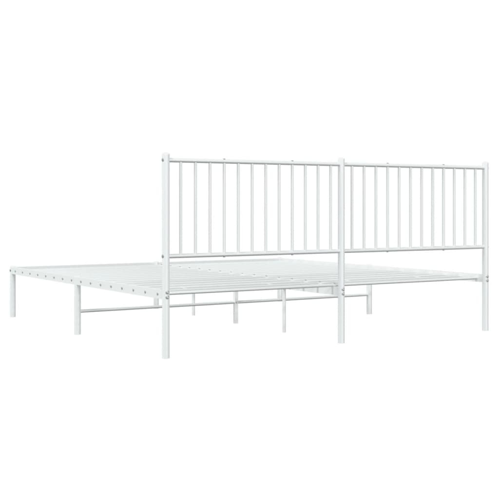 Modern white metal bed frame with a slatted headboard and mattress