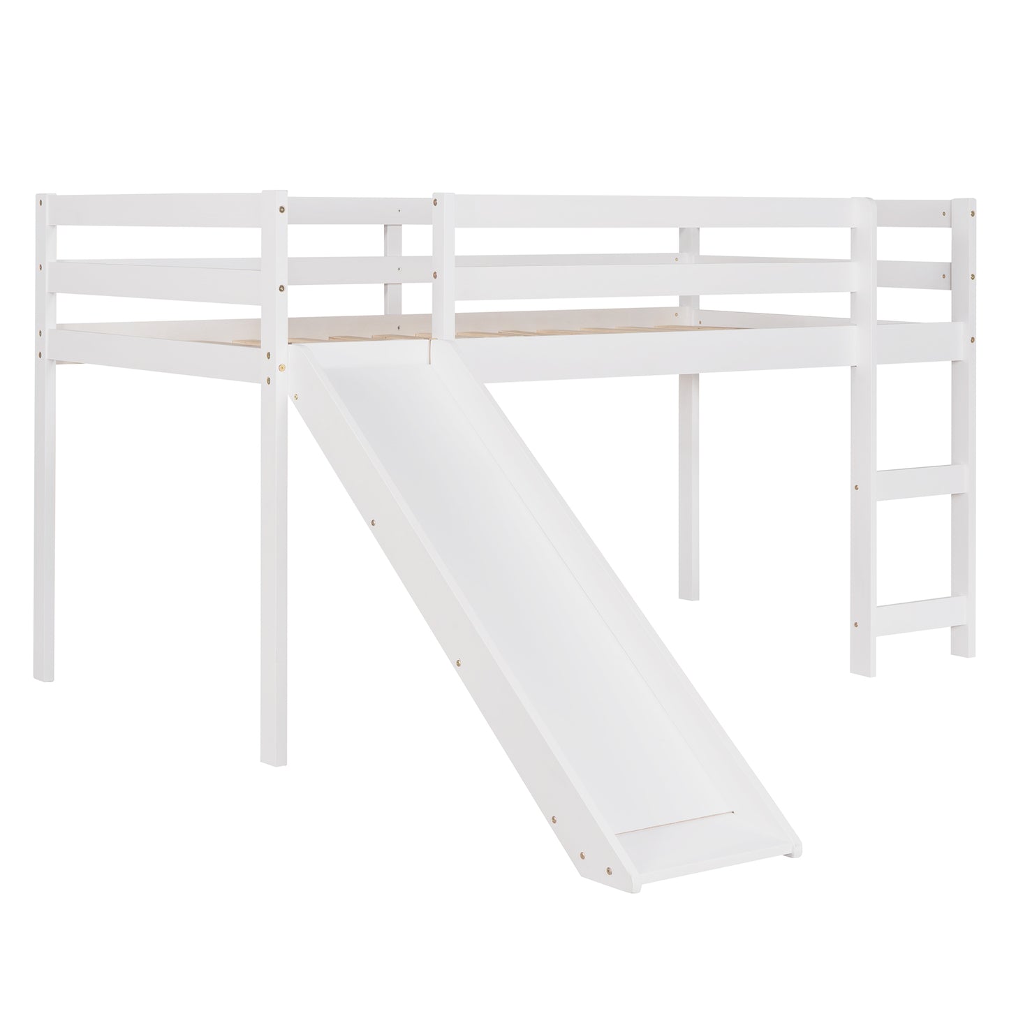 White wooden loft bed with slide for kids