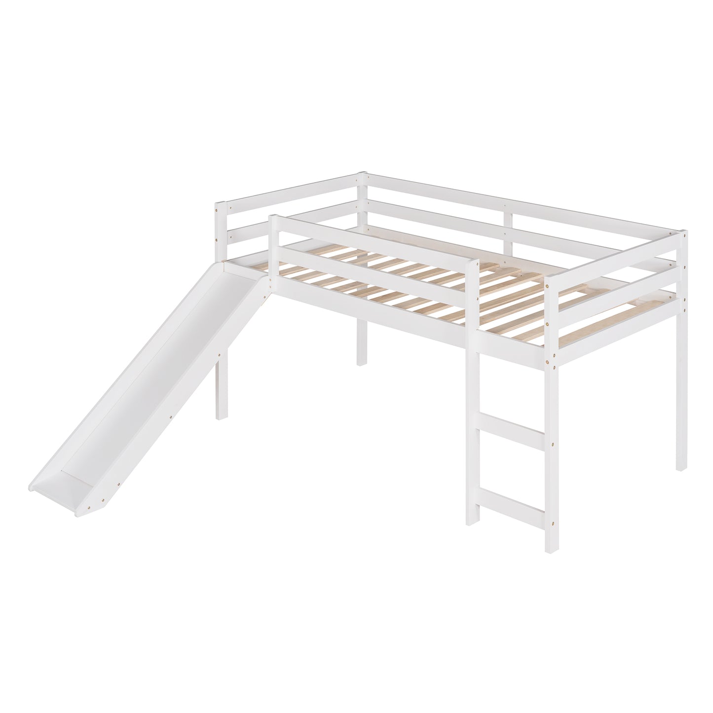 White wooden loft bed with ladder and slide for kids