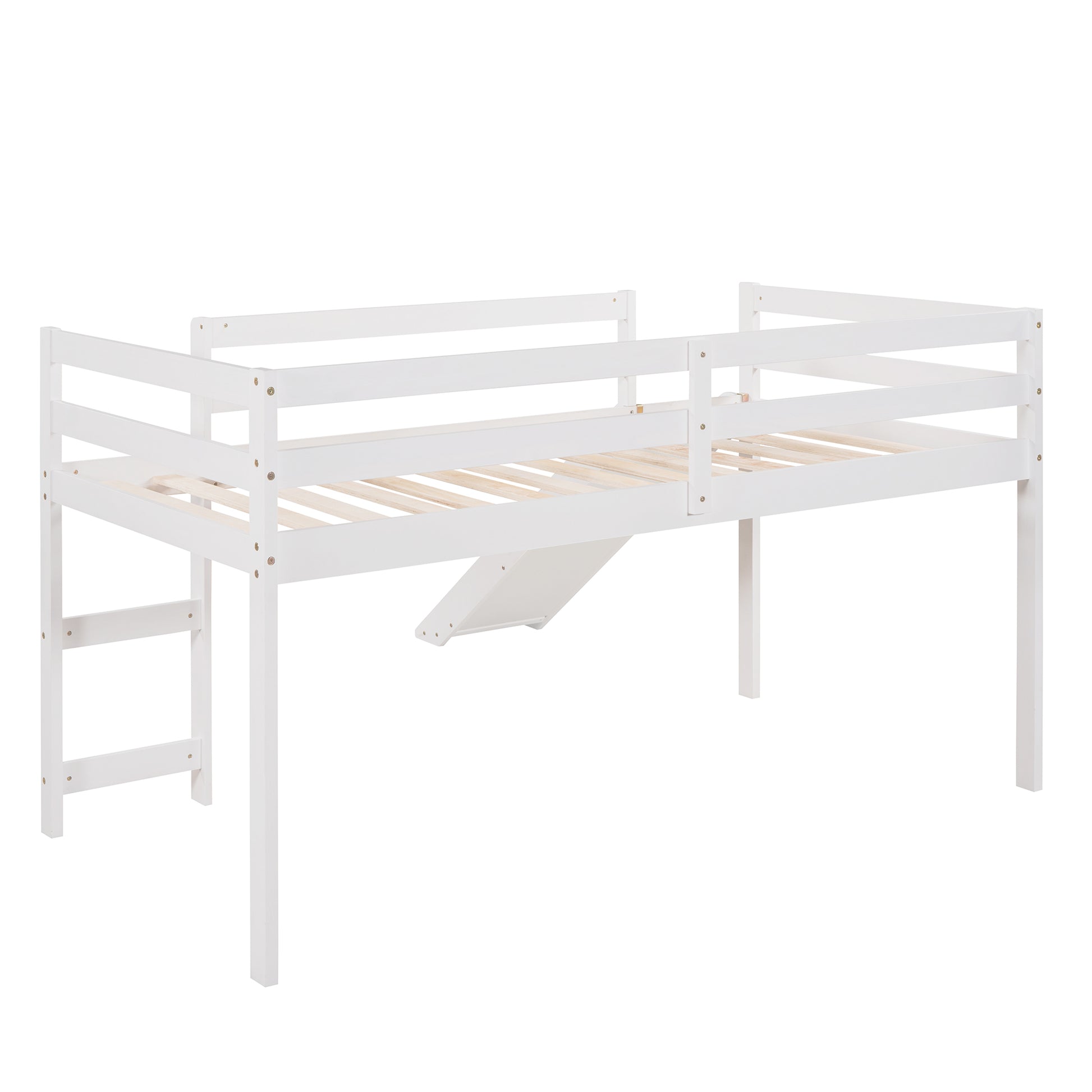 White twin loft bed with ladder and slide made of solid wood for kids room