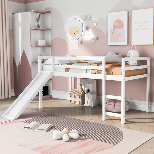 White loft bed with slide and storage