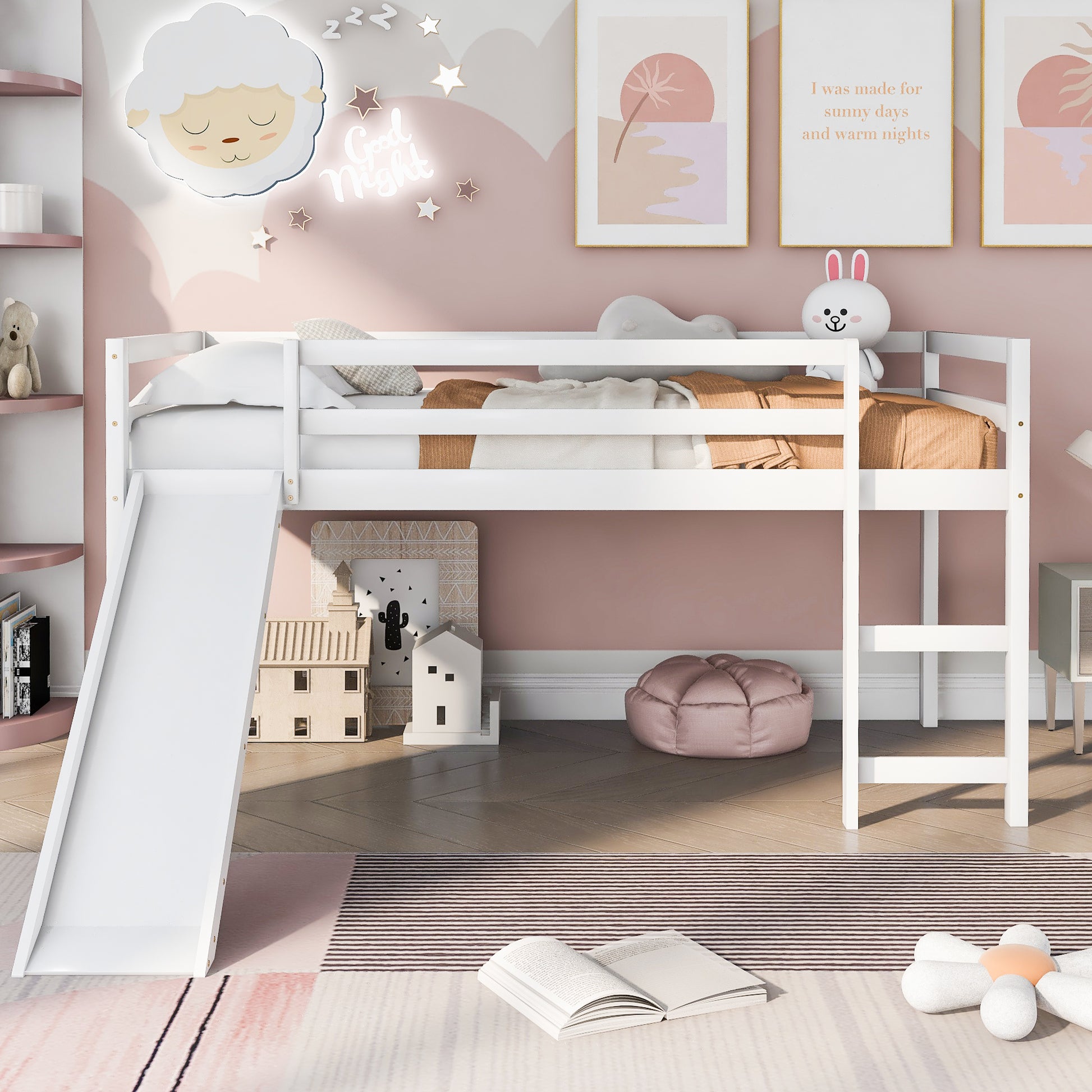 White wooden loft bed with slide perfect for kids bedrooms