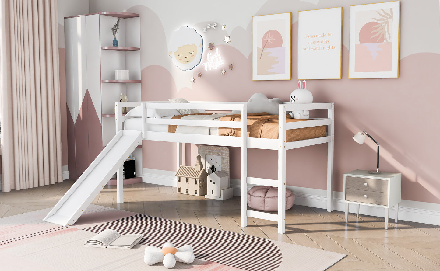 White wooden loft bed with attached slide perfect for kids bedrooms