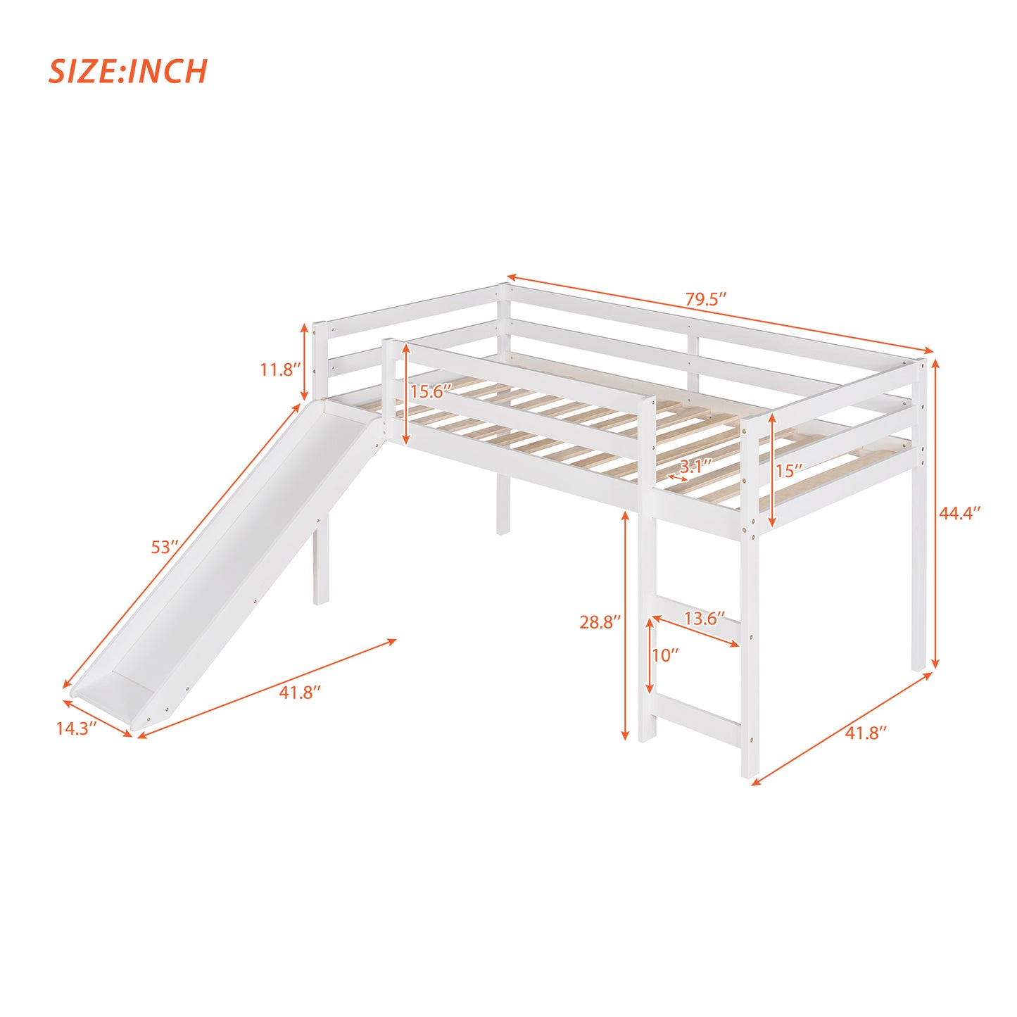 White loft bed with slide