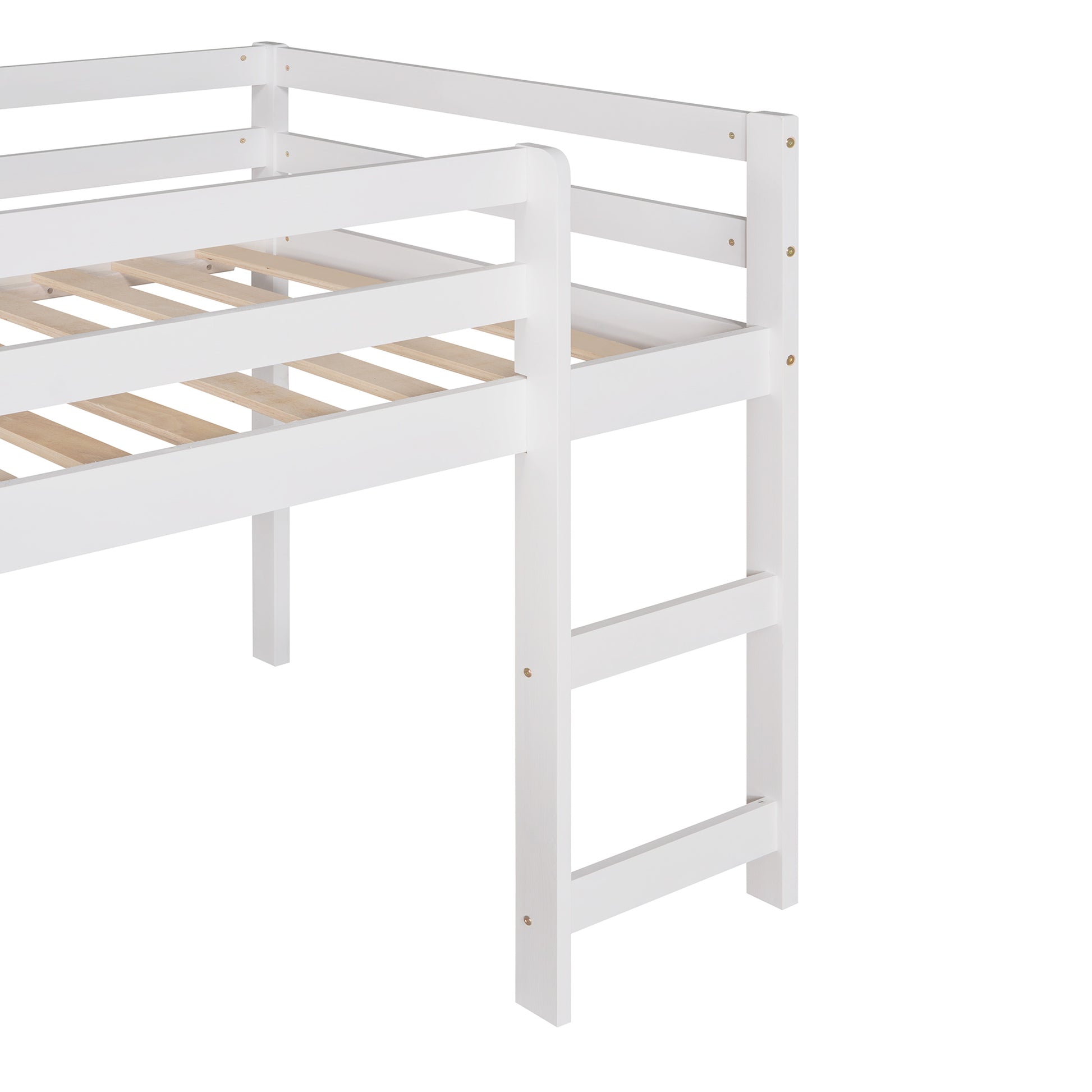 White wooden loft bed frame detail