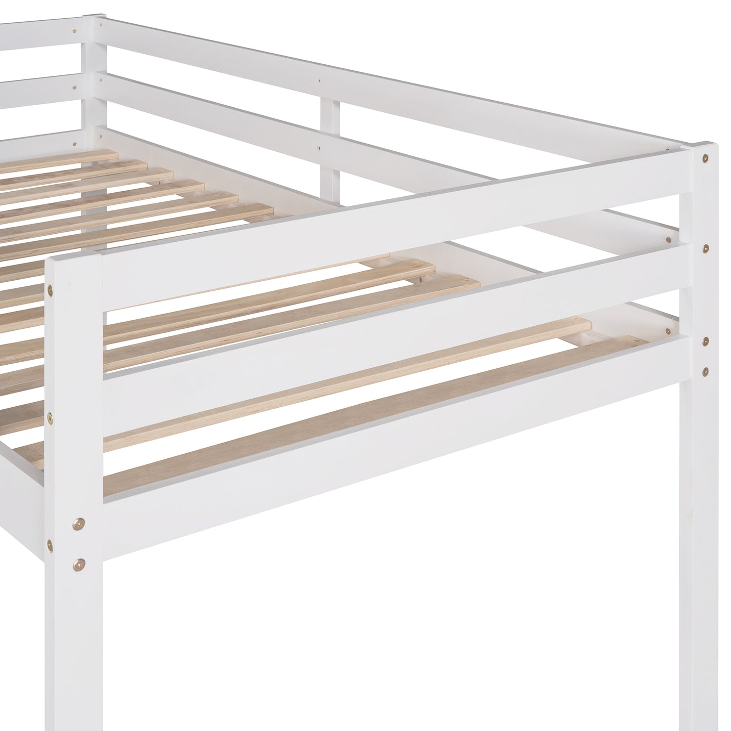 White loft bed frame with wooden slats showing
