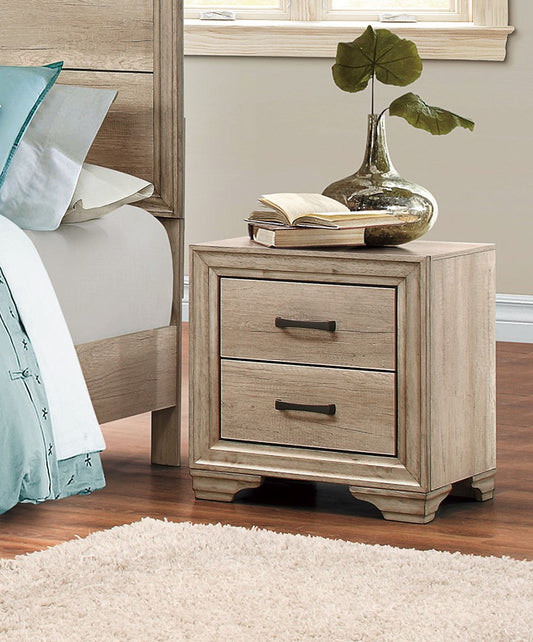 Rustic light oak twodrawer nightstand with black hardware