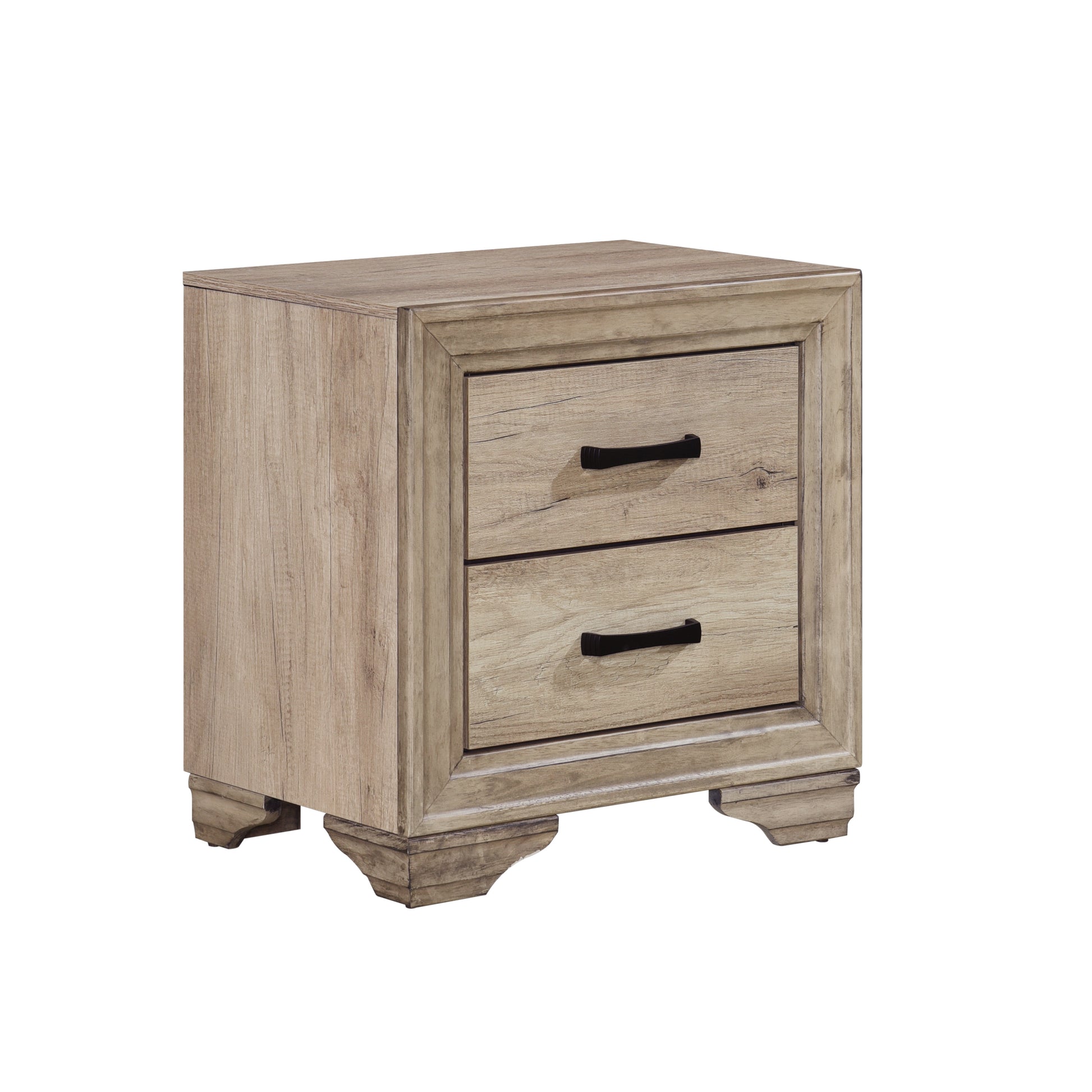 Light brown wood veneer drawer nightstand with black hardware