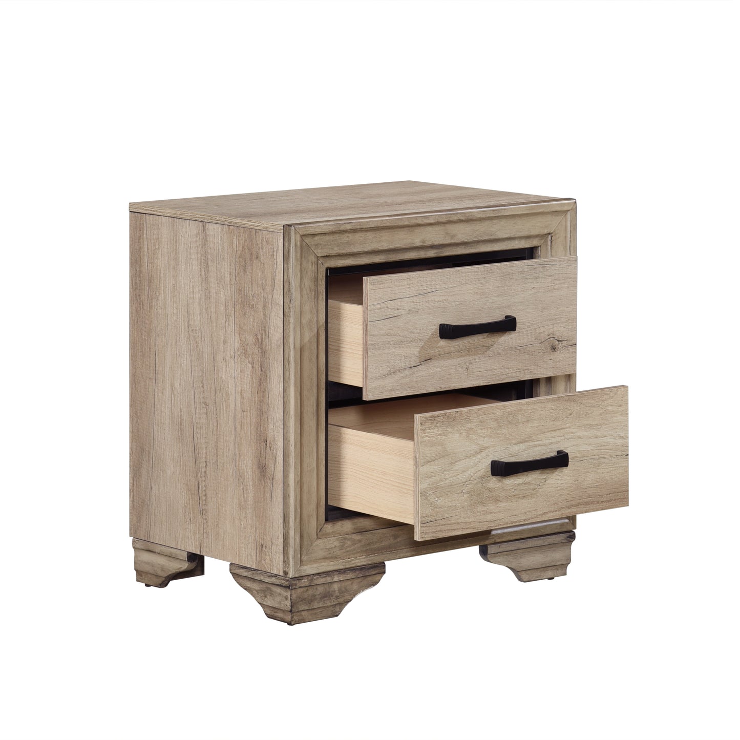 Rustic oak veneer nightstand with two drawers and black pulls