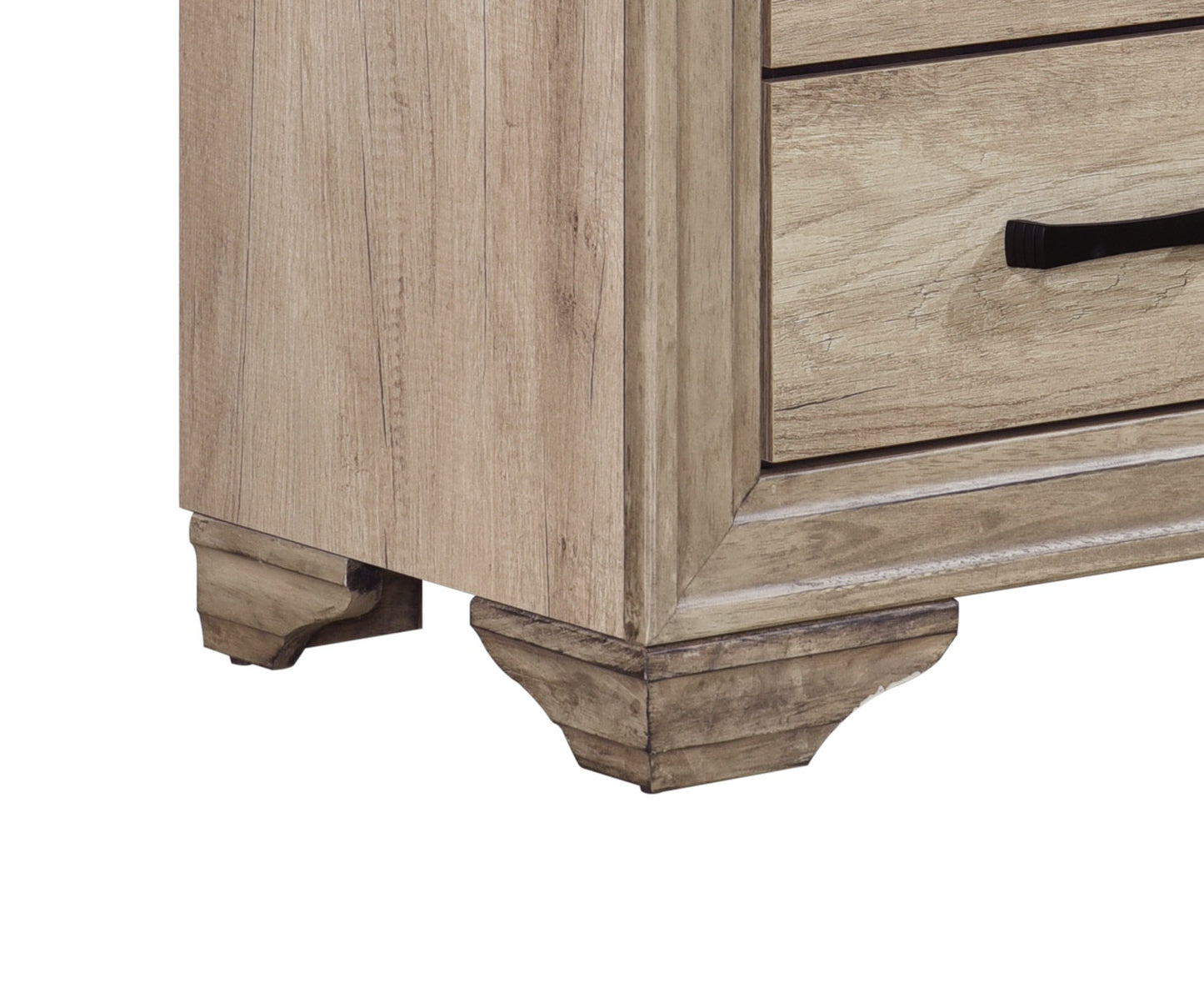Rustic oak finish bedside table with carved feet and black metal drawer pull