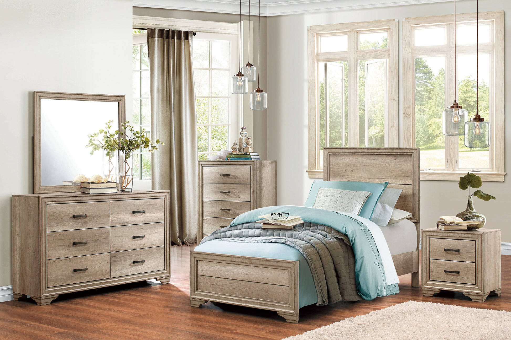 Light oak wood bed frame with blue bedding and grey quilt