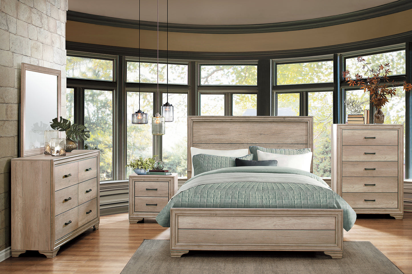 Rustic oak wood king size bed with teal bedding