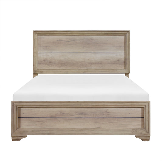 Rustic wood grain queen bed frame with upholstered white mattress