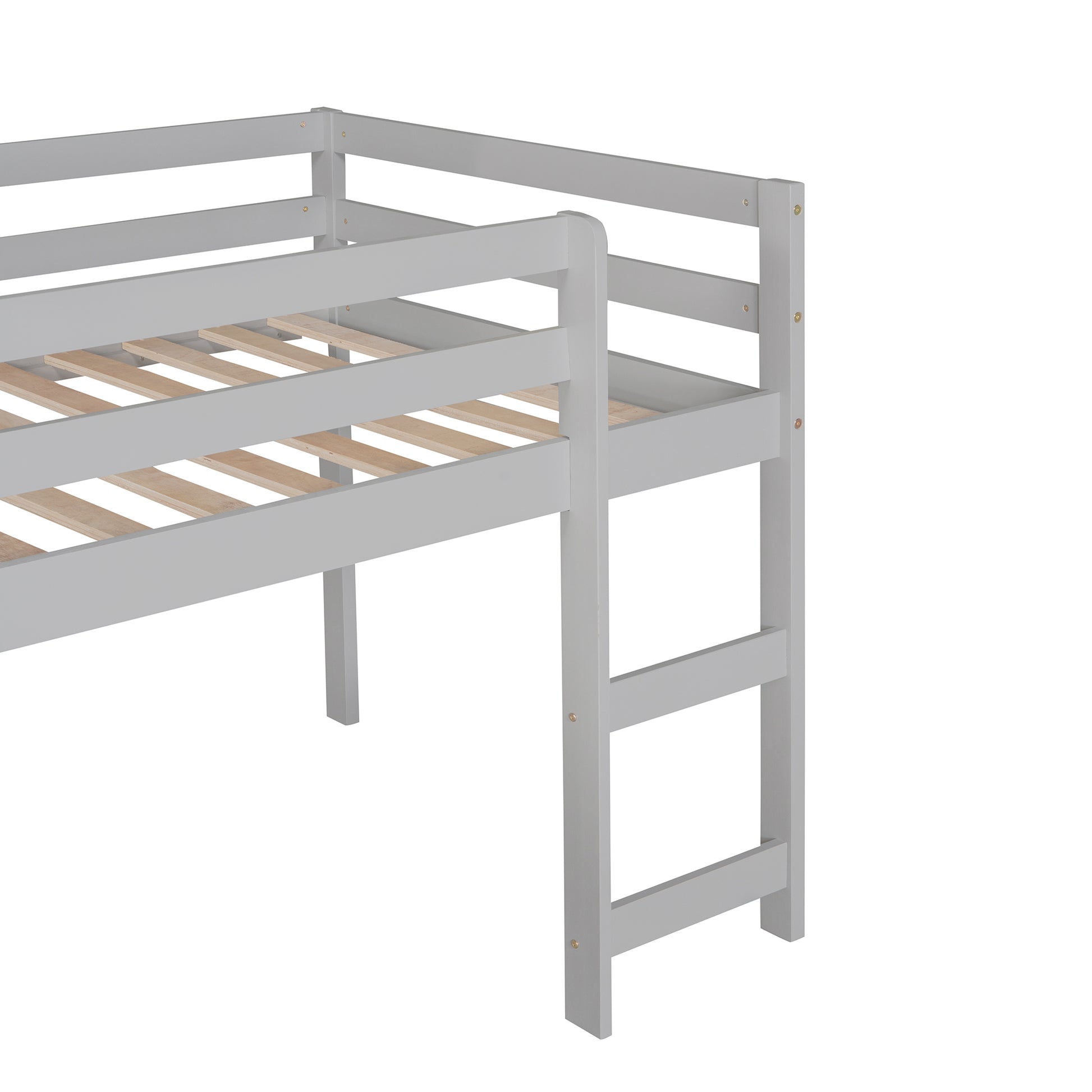 Gray wooden loft bed frame with ladder detail