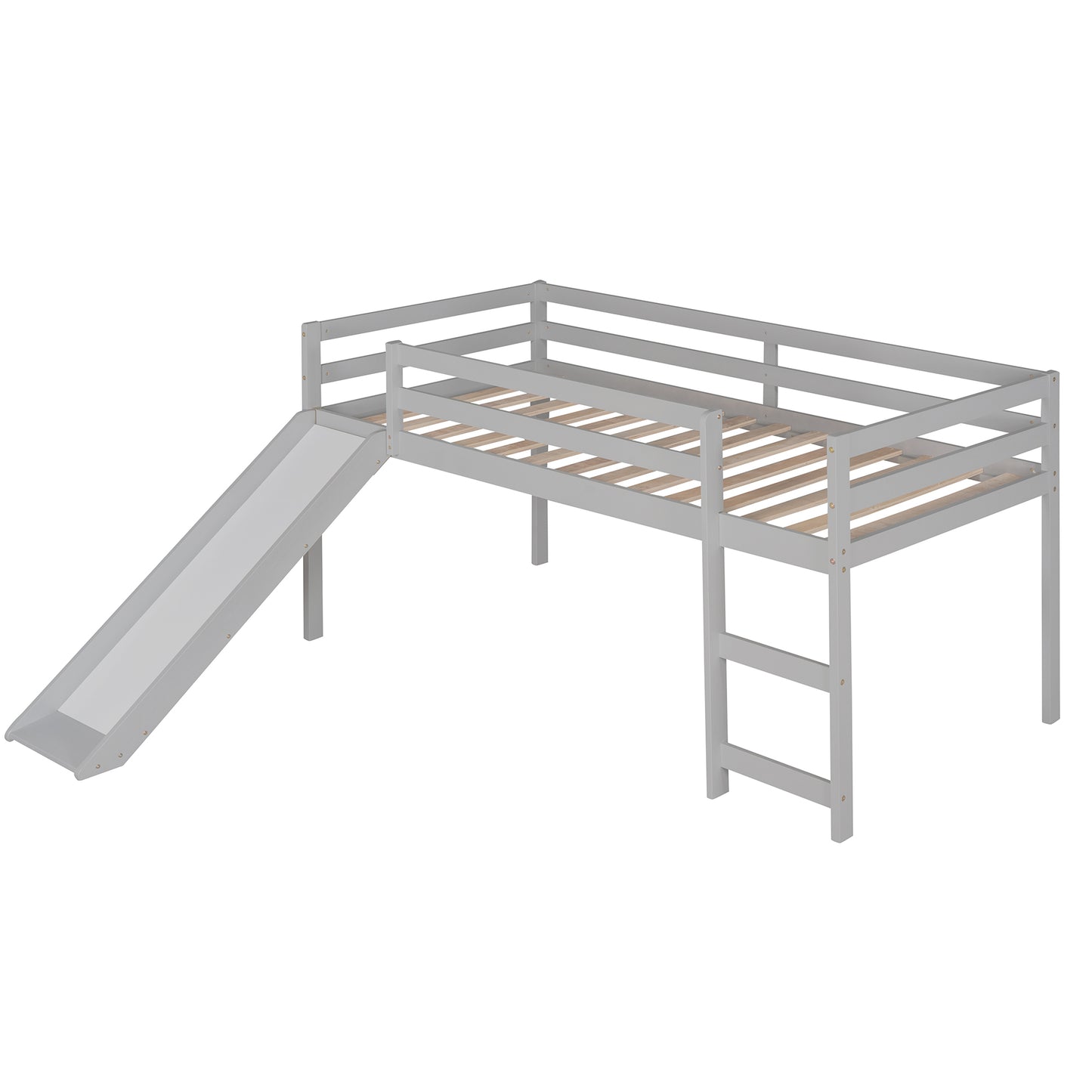 Gray wooden loft bed with slide and ladder for kids room