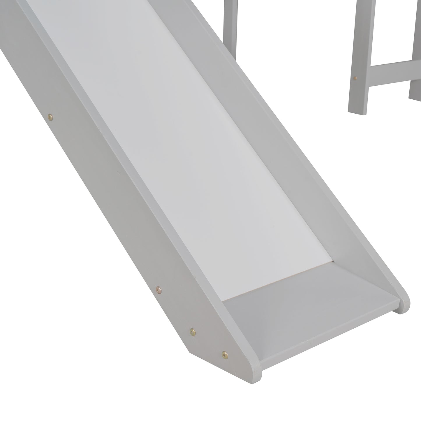 Gray wooden slide attachment for a childs playhouse