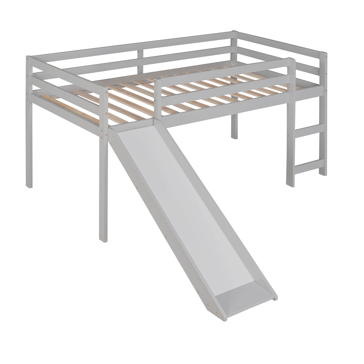 Gray wooden loft bed with slide and ladder for kids