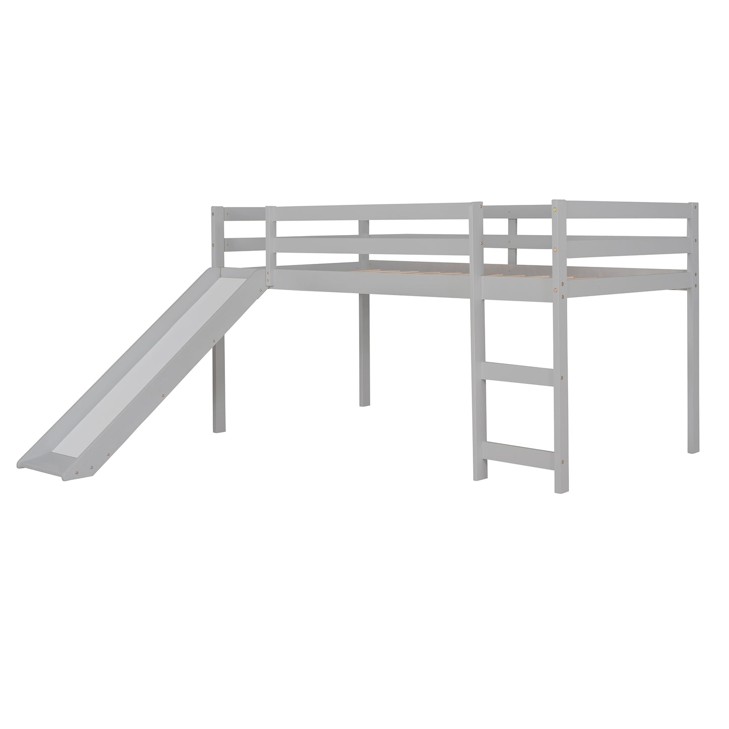 Gray wooden loft bed with slide and ladder for kids room