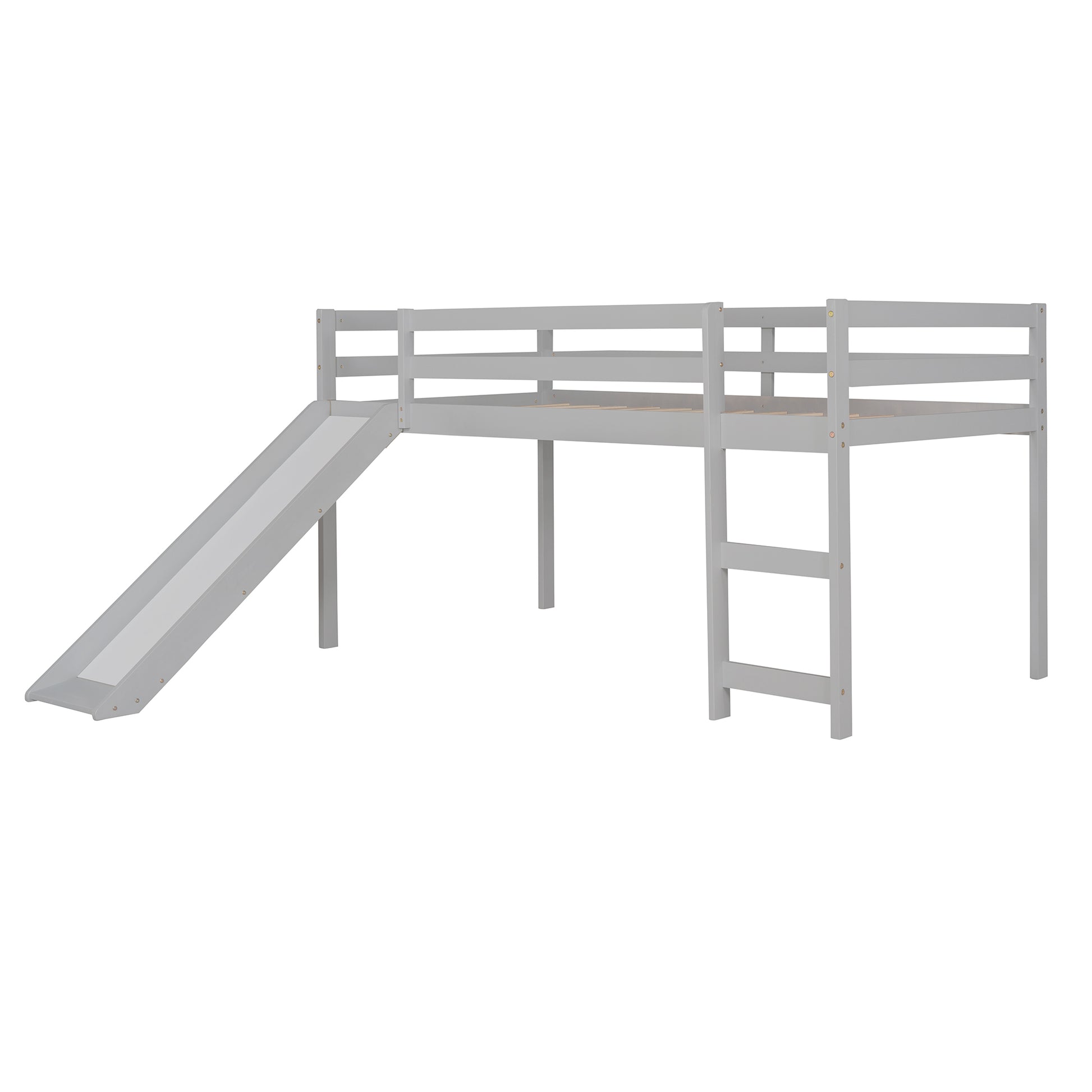 Gray wooden loft bed with slide and ladder for kids room