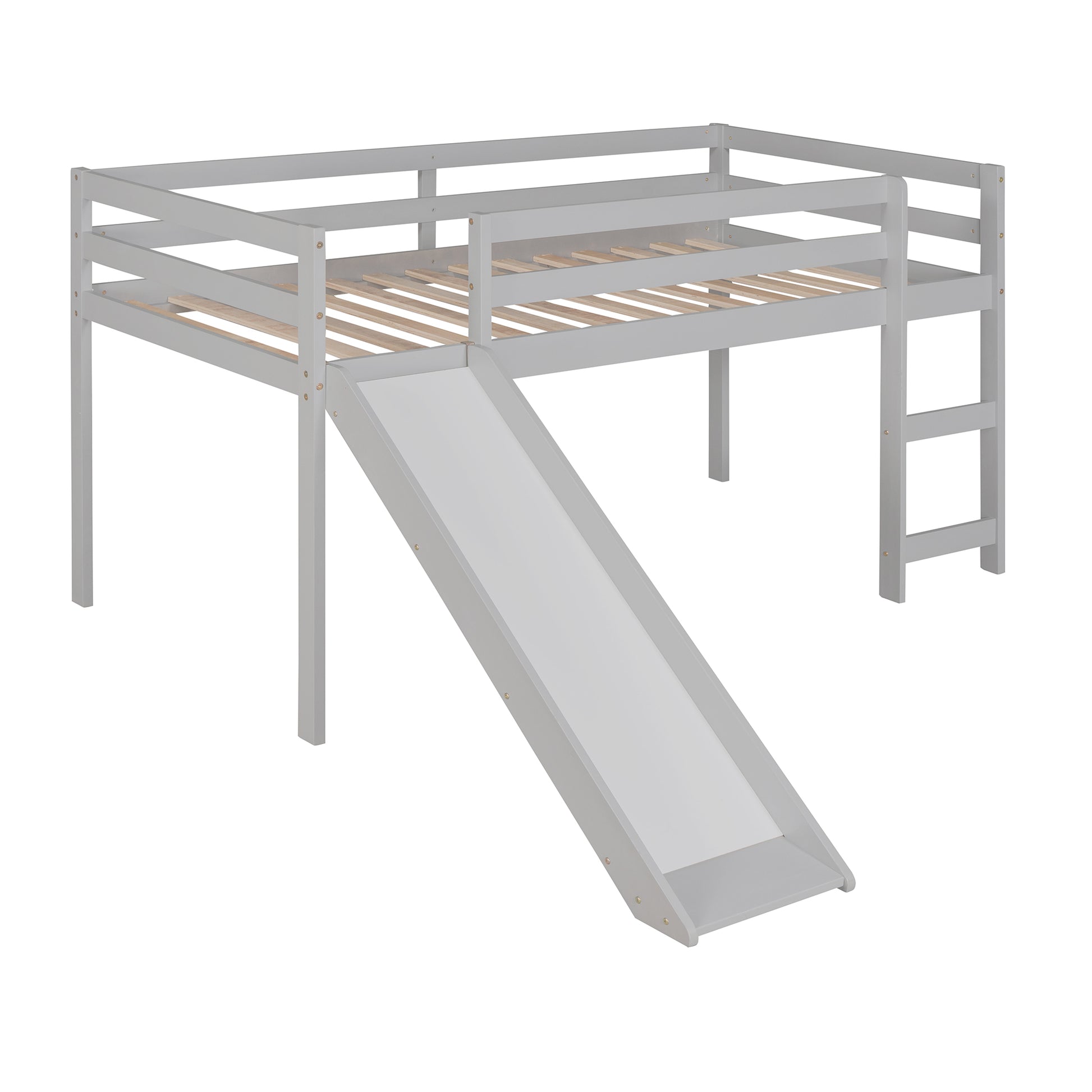 Gray wooden loft bed with integrated slide and ladder perfect for a childs playroom