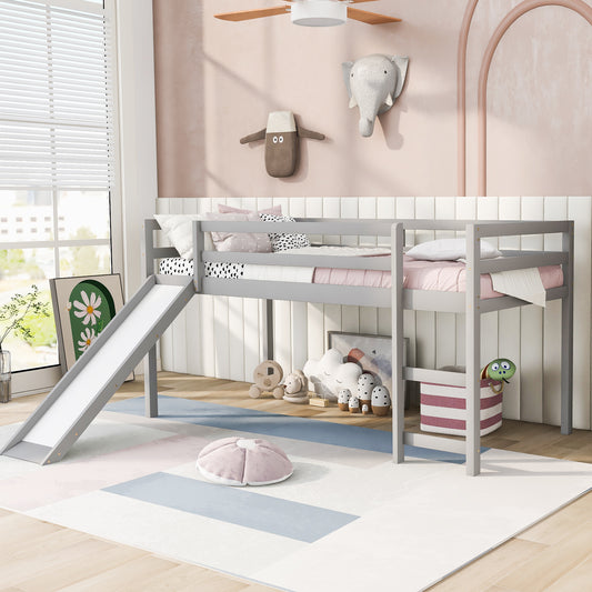 Gray wooden loft bed with attached slide perfect for a childs playful bedroom