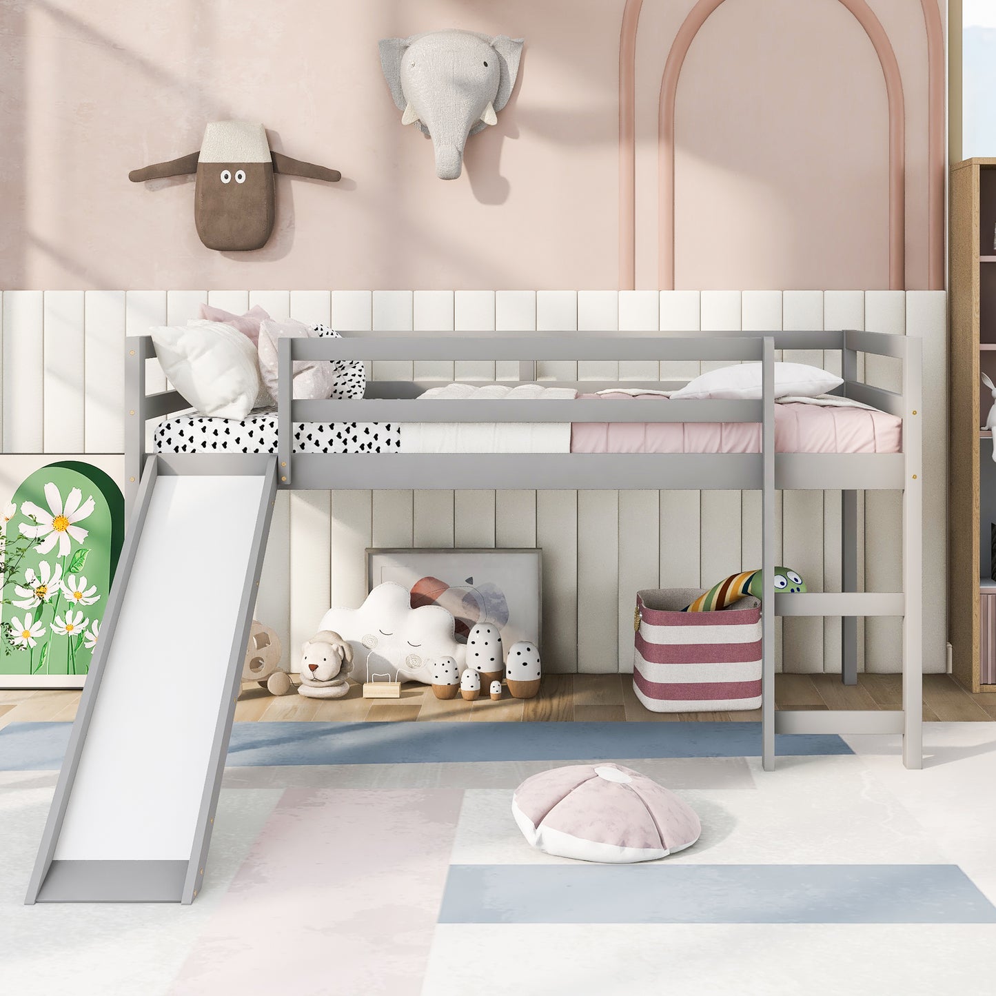Gray loft bed with slide for kids