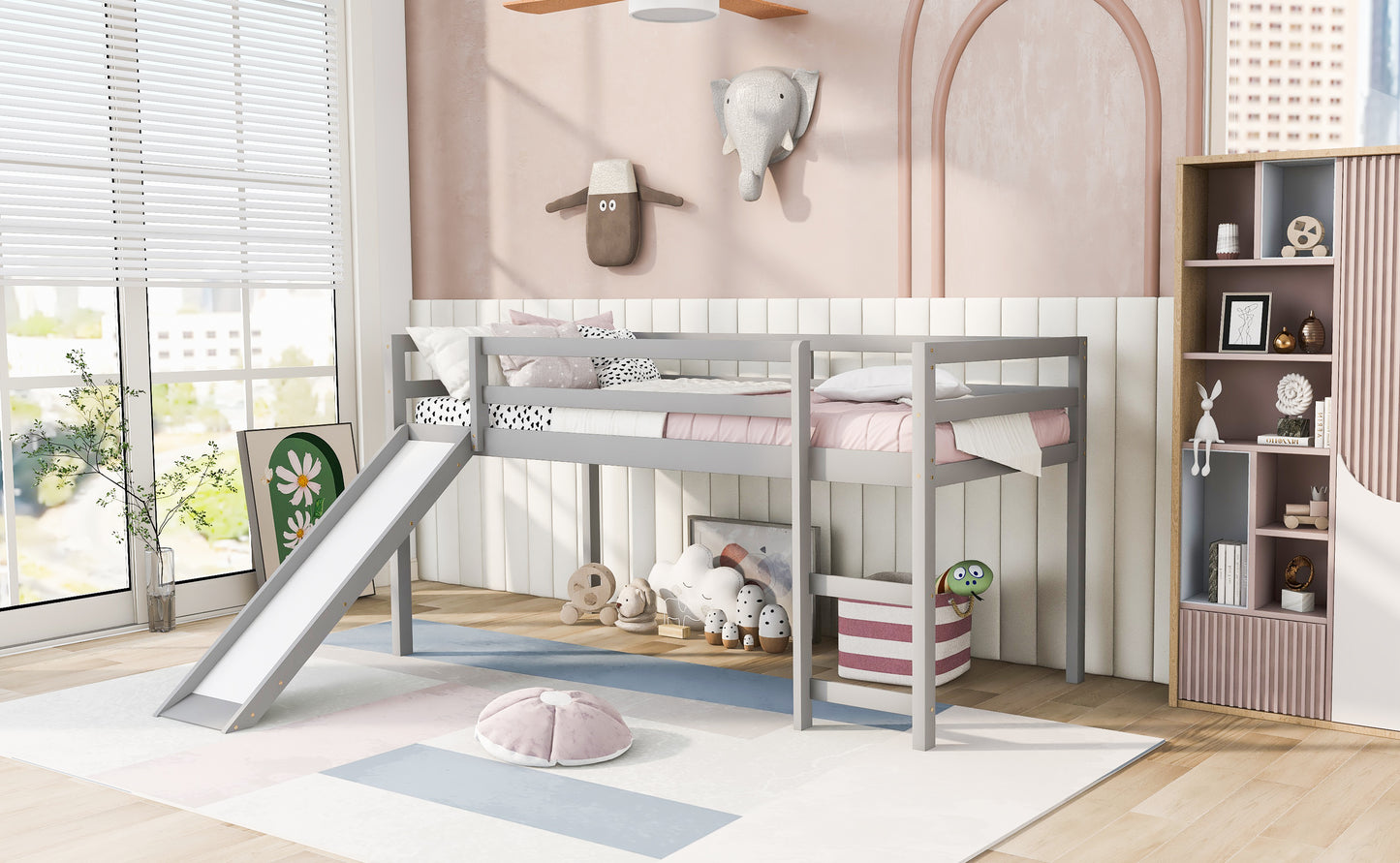 Gray loft bed with slide for kids