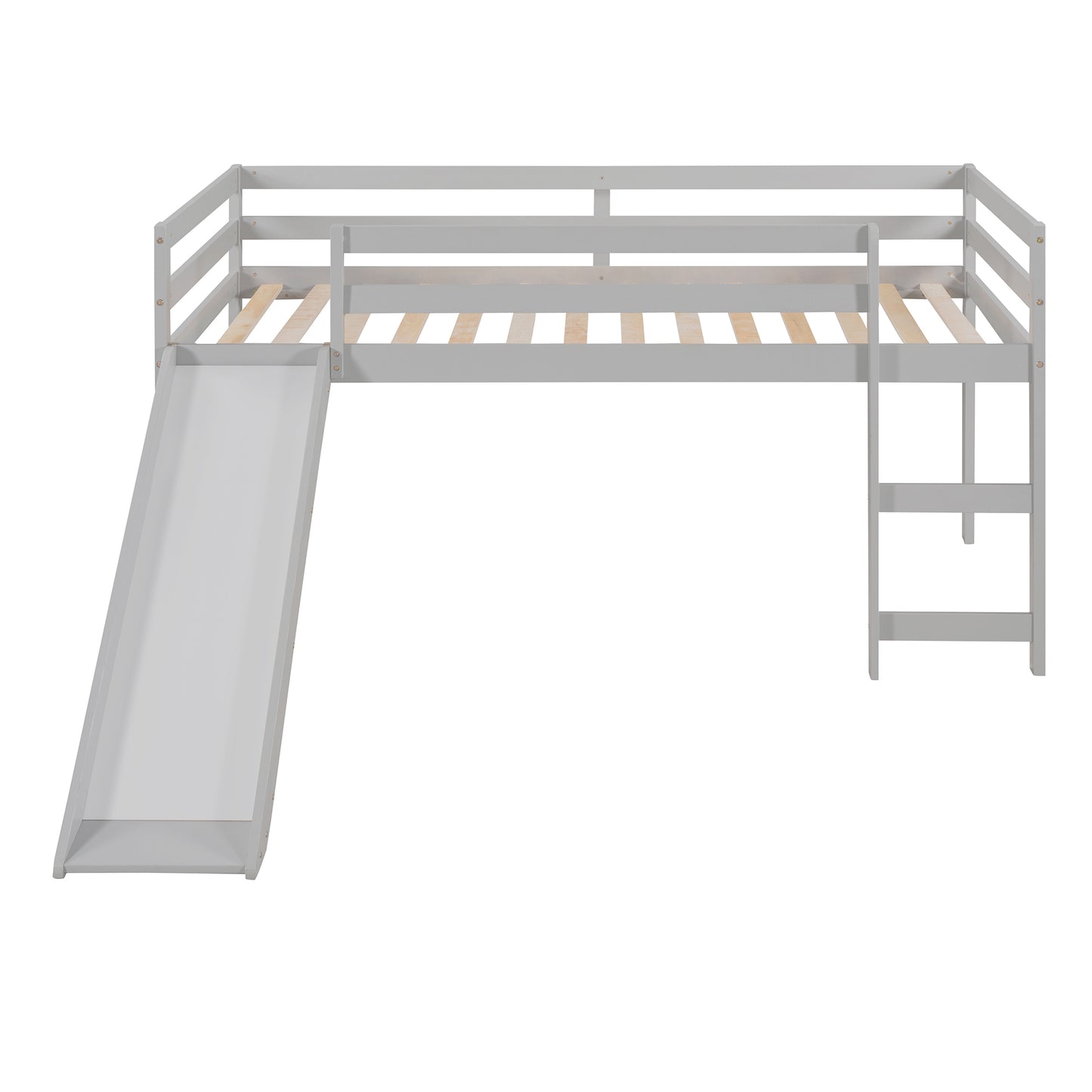 Gray wooden loft bed with slide and ladder for kids