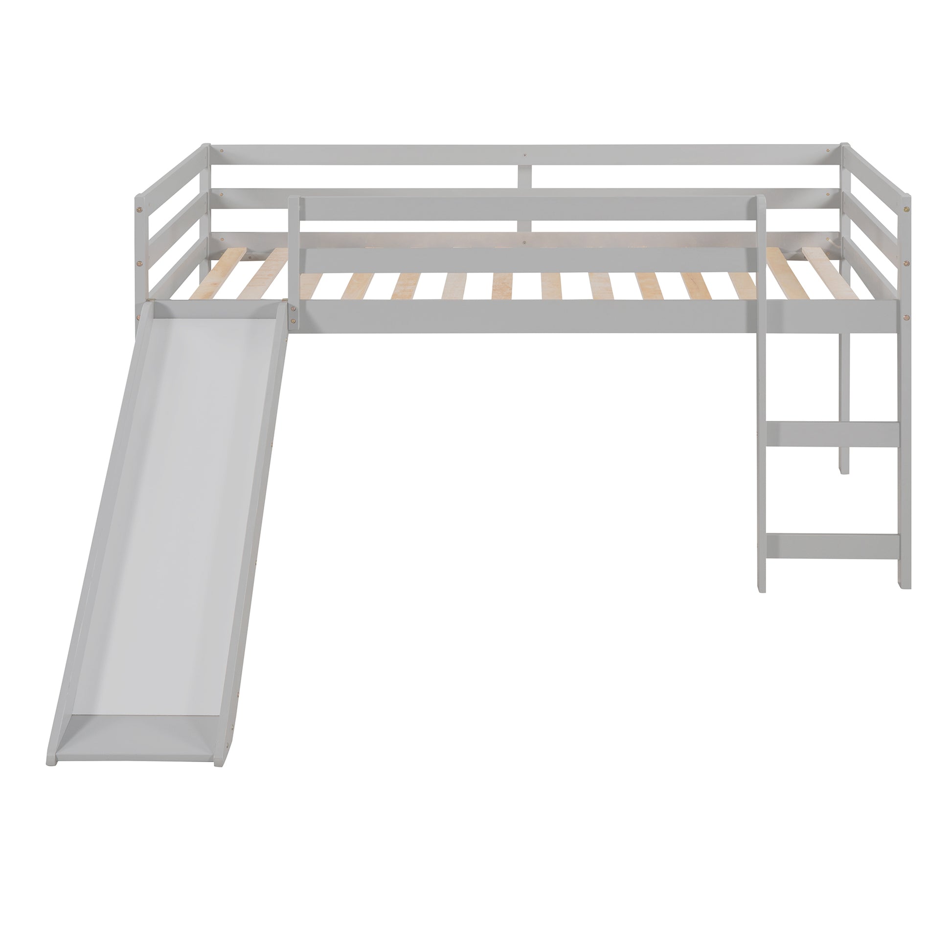 Gray wooden loft bed with slide and ladder for kids