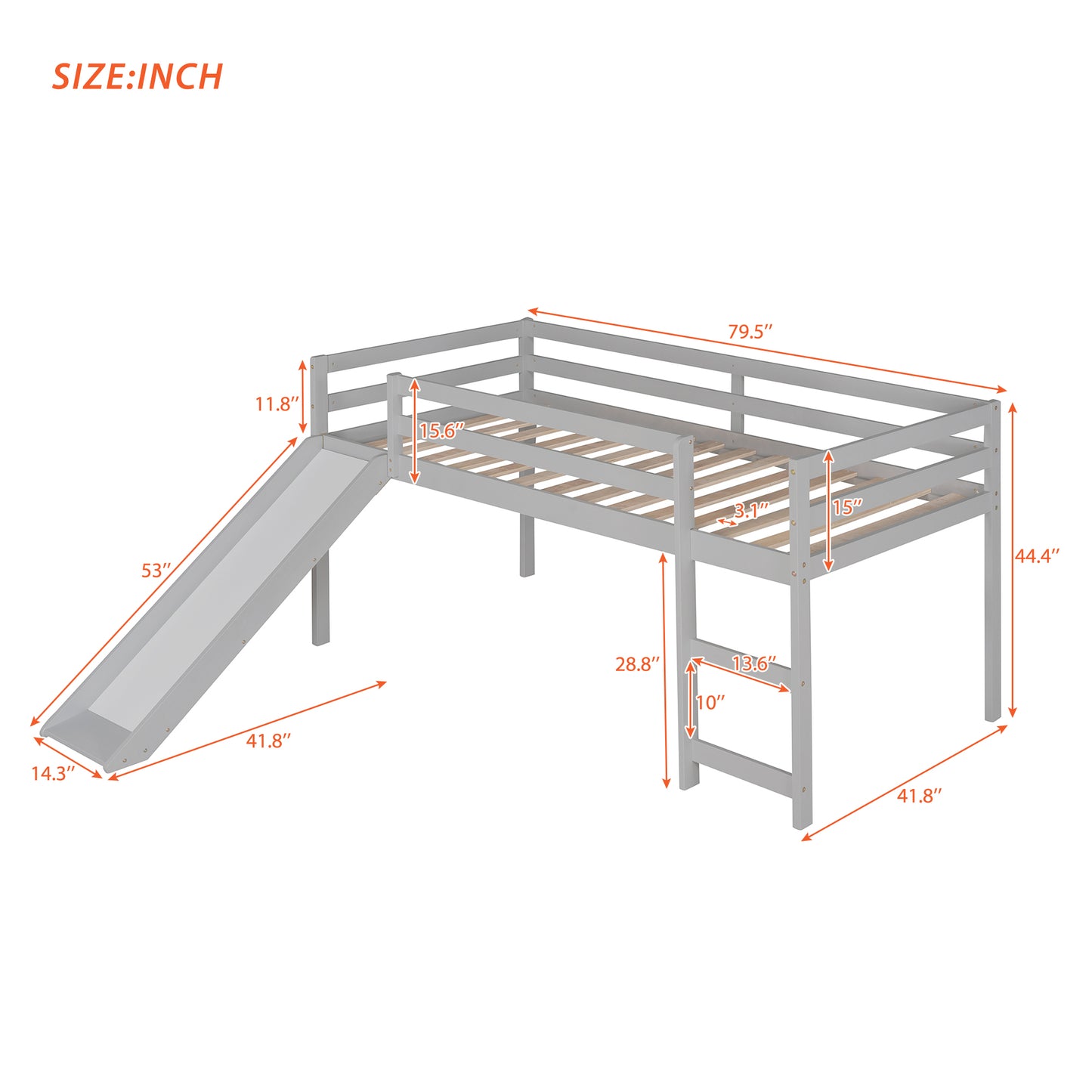 Grey twin loft bed with slide and ladder dimensions