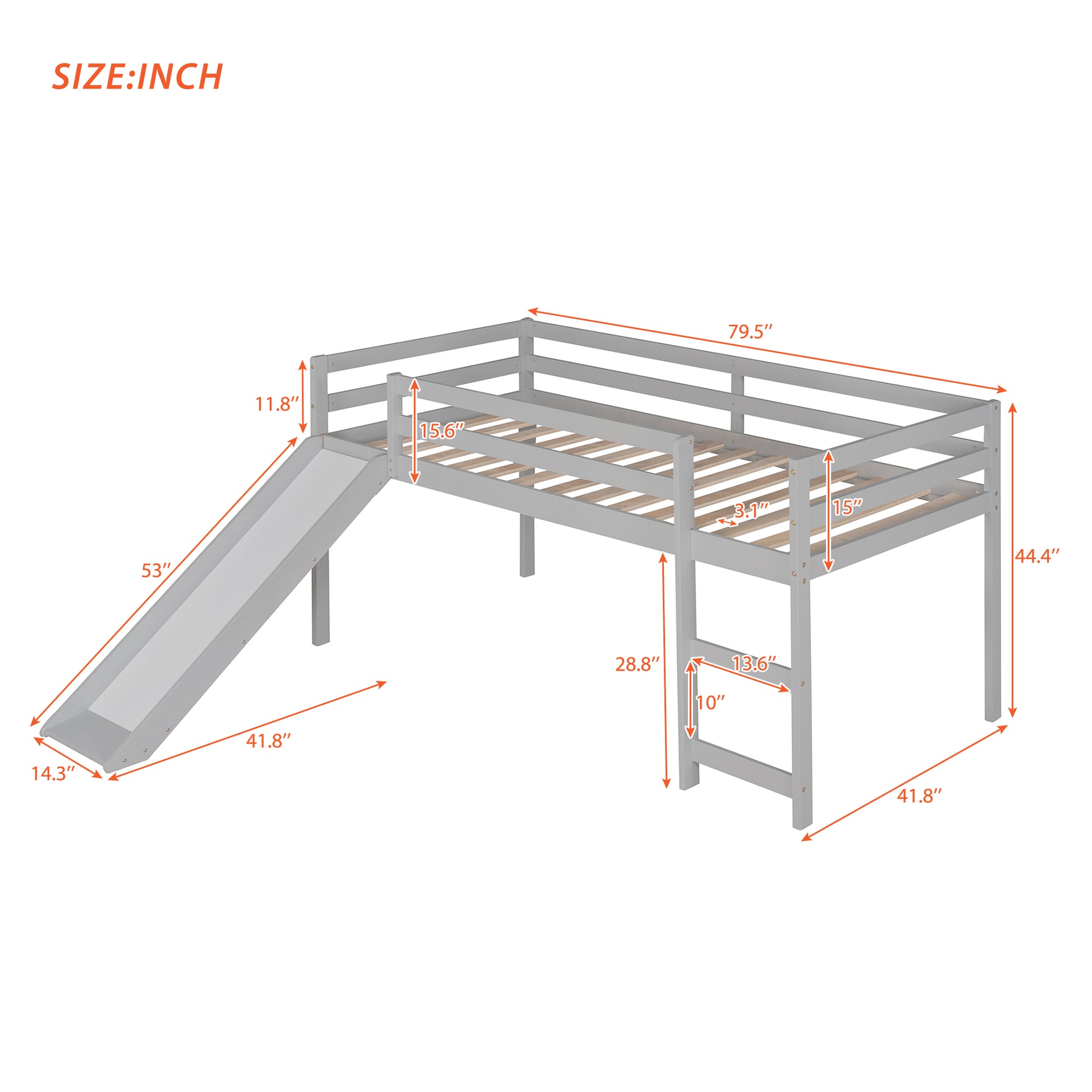 Grey twin loft bed with slide and ladder dimensions