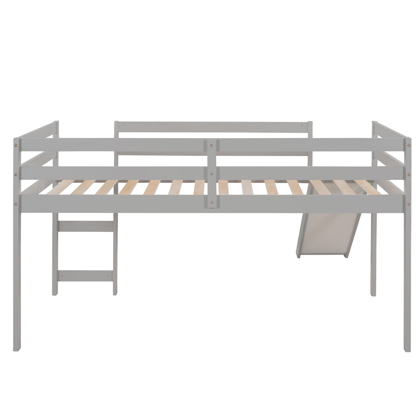 Gray wooden loft bed with ladder and slide for childrens room